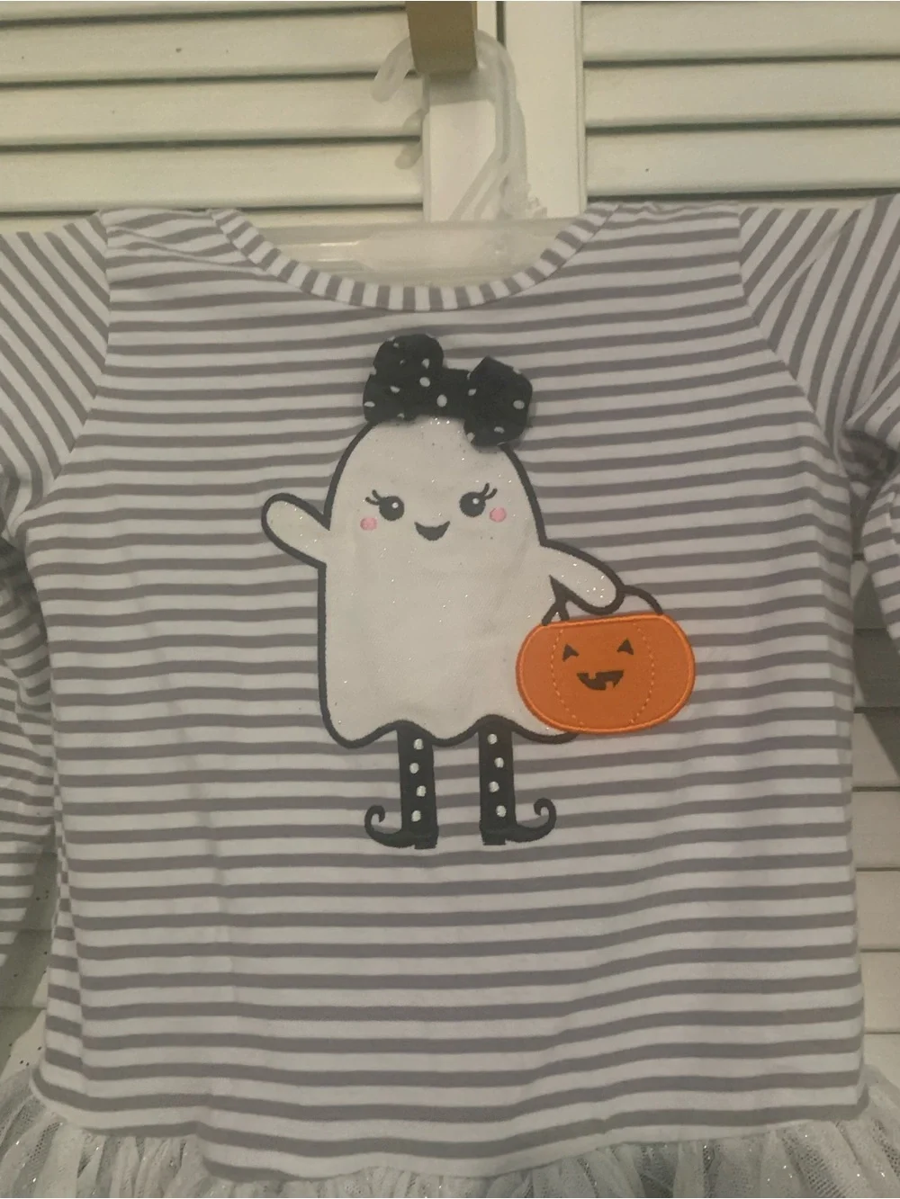 Gray & White Striped Ghost Tulle Halloween Dress for Kids Counting Daisies